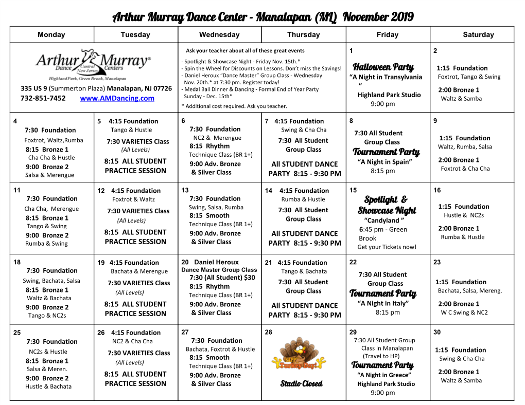 Arthur Murray Dance Center - Manalapan (ML) November 2019 Monday Tuesday Wednesday Thursday Friday Saturday