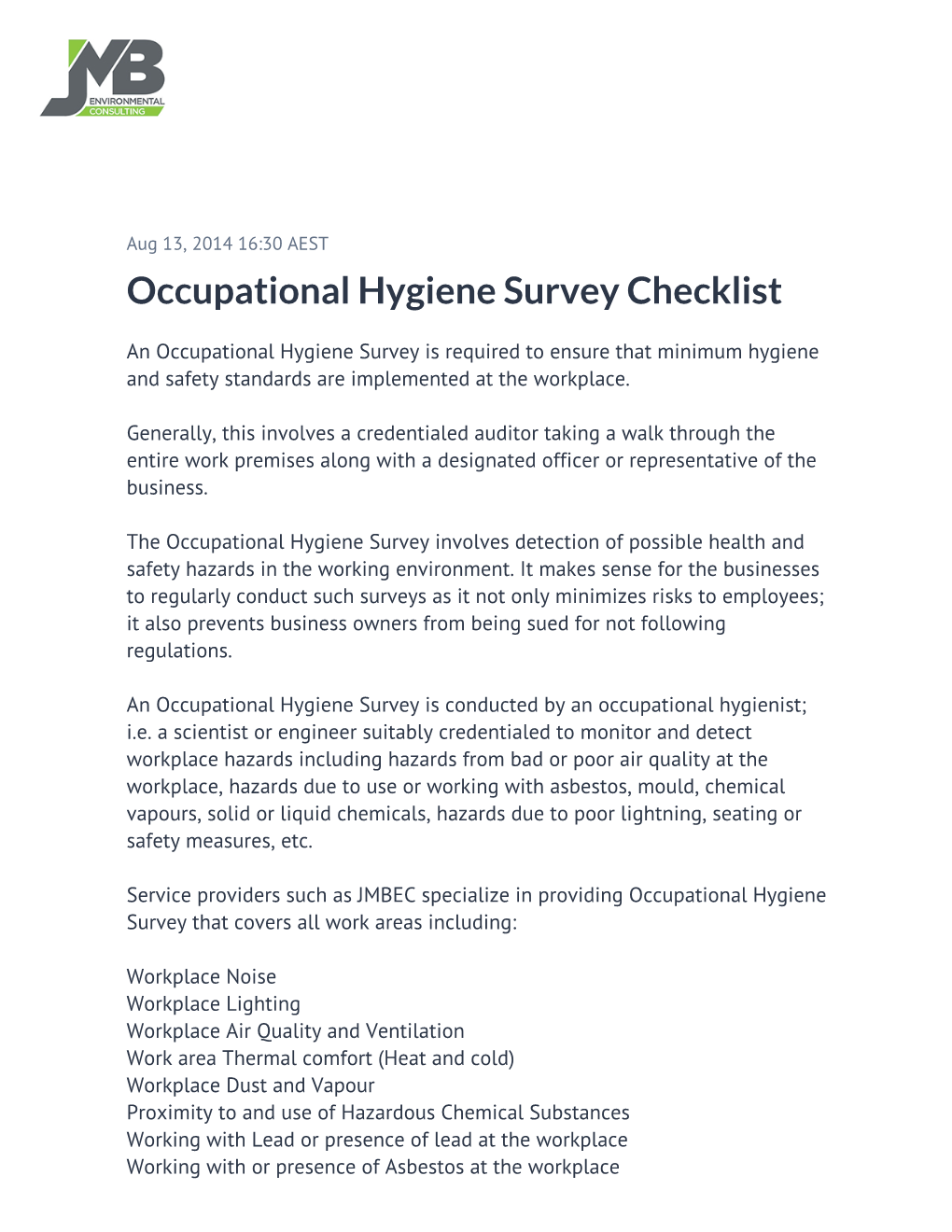 Occupational Hygiene Survey Checklist