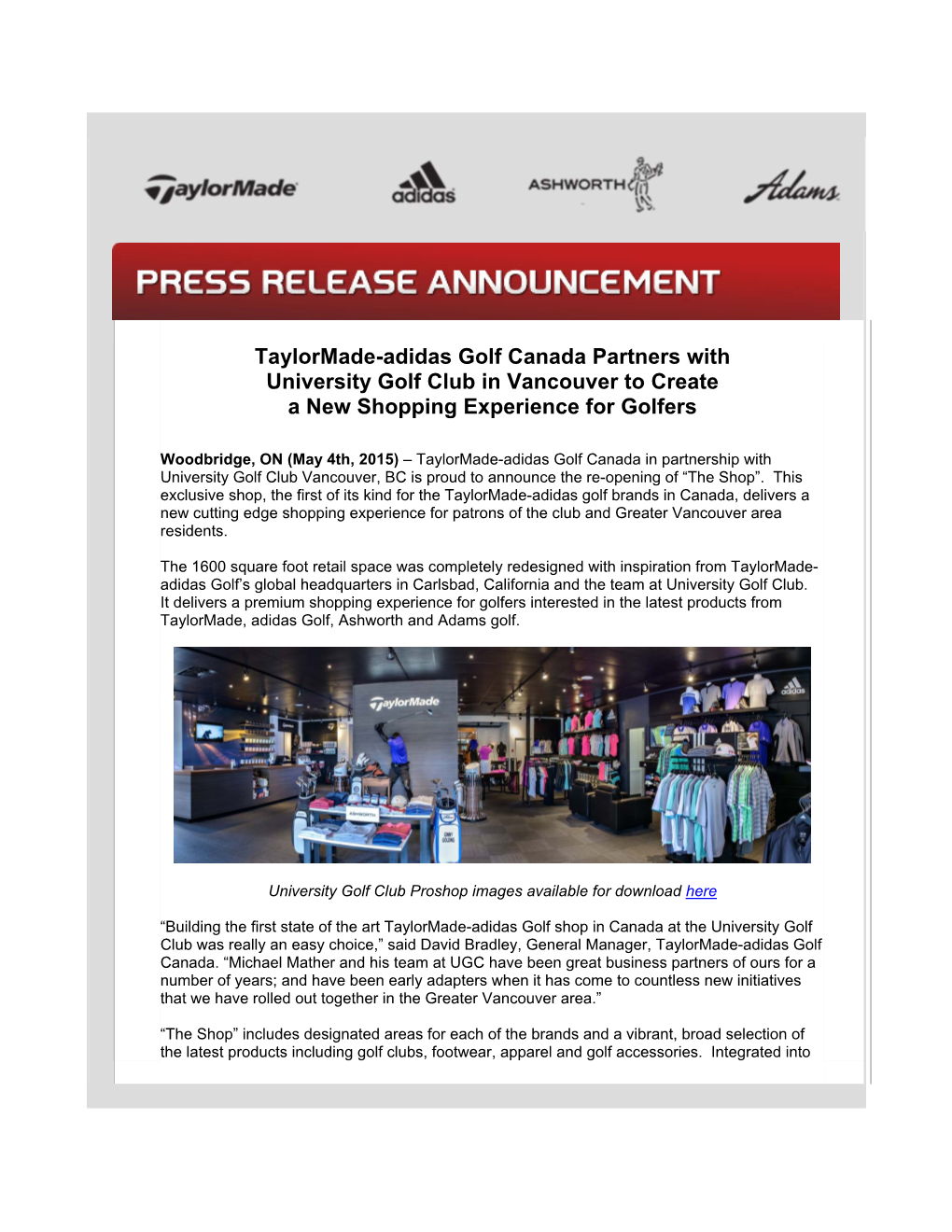 Taylormade-Adidas Golf Canada Partners with University Golf Club in Vancouver to Create a New Shopping Experience for Golfers
