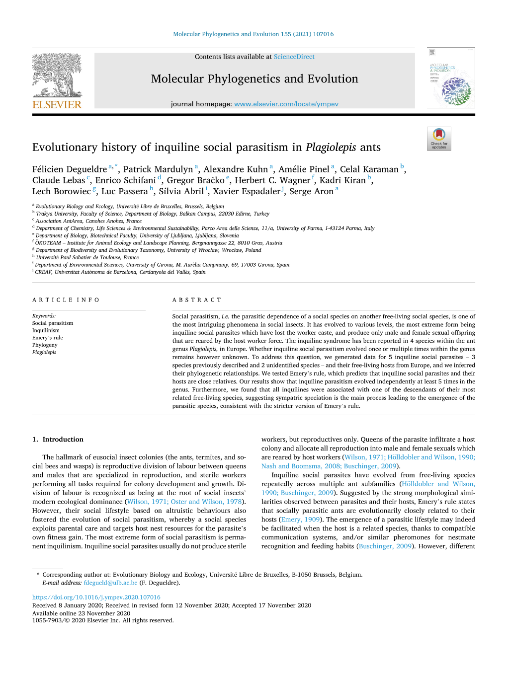 Evolutionary History of Inquiline Social Parasitism in Plagiolepis Ants