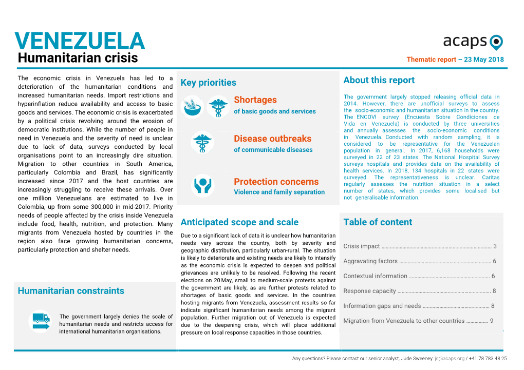 VENEZUELA Humanitarian Crisis Thematic Report – 23 May 2018