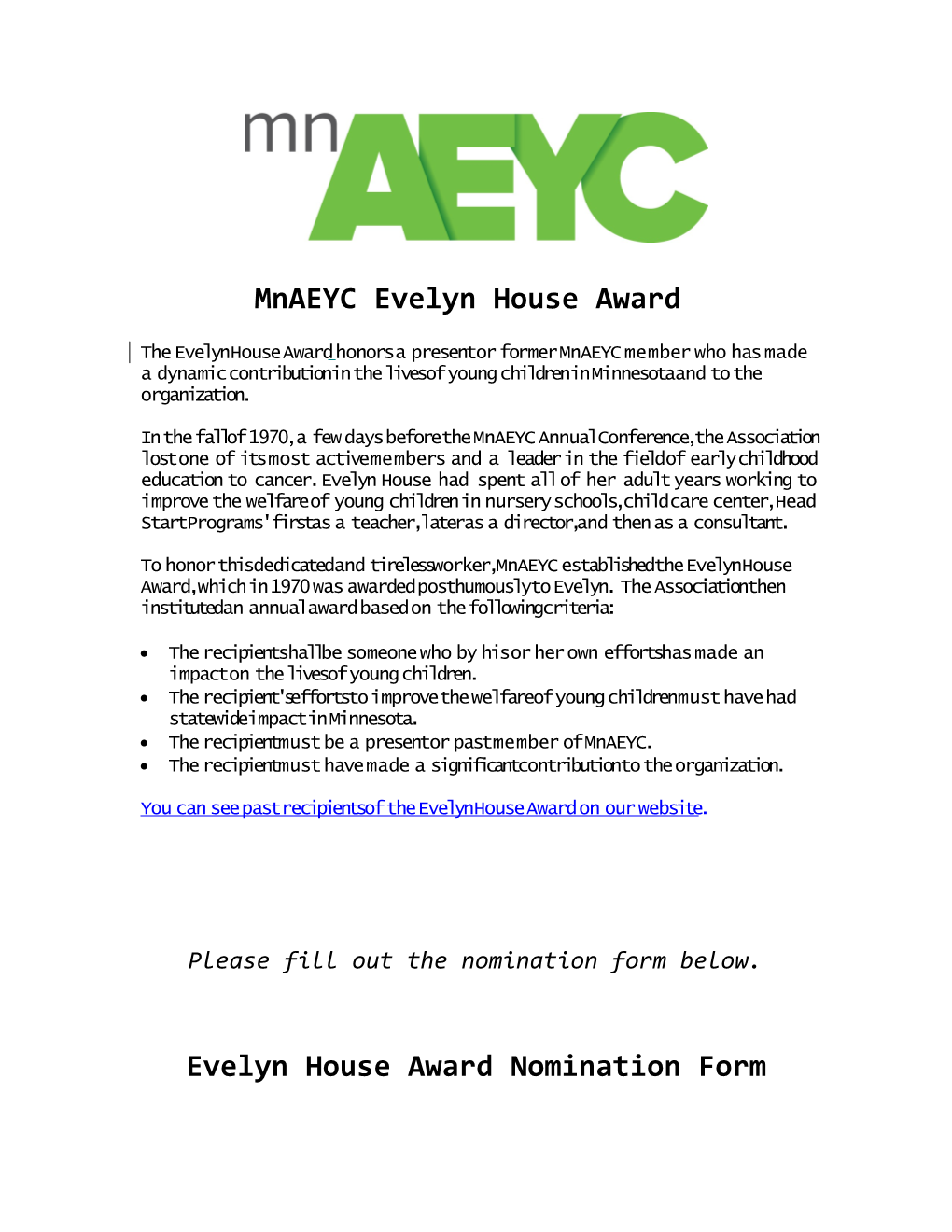 Mnaeyc Evelyn House Award