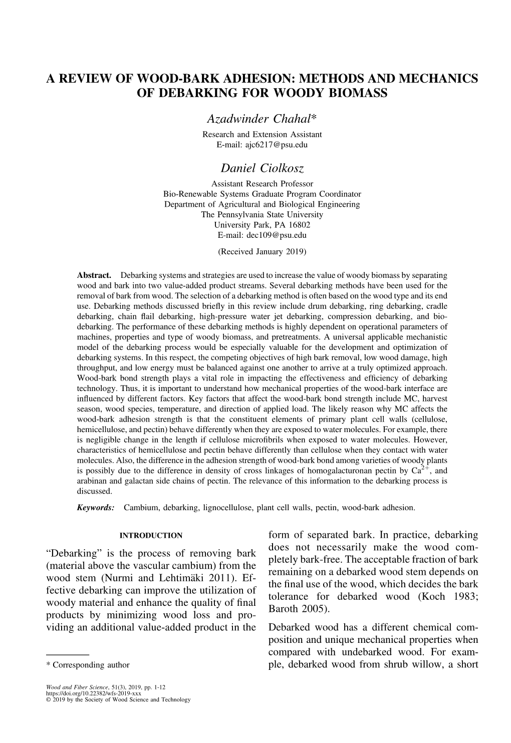 A Review of Wood-Bark Adhesion: Methods and Mechanics of Debarking for Woody Biomass