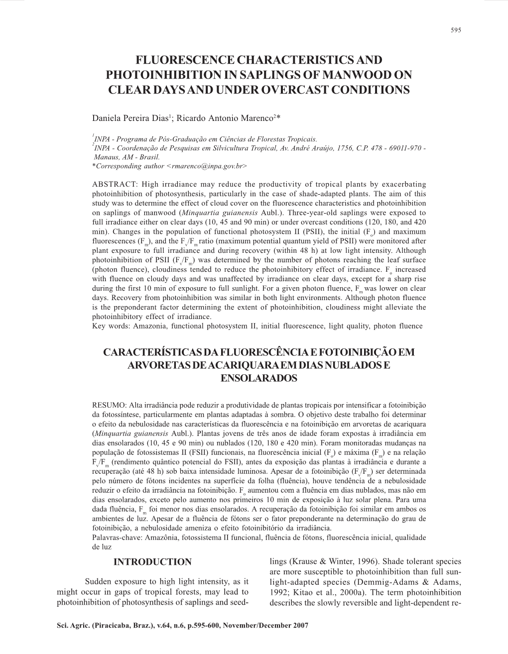 Fluorescence Characteristics and Photoinhibition in Saplings of Manwood on Clear Days and Under Overcast Conditions