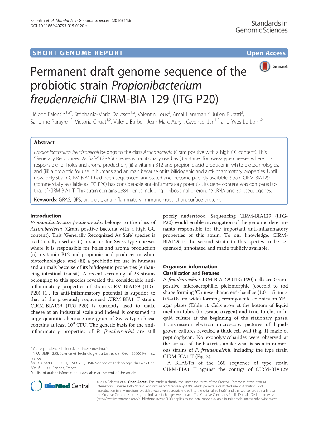 Permanent Draft Genome Sequence of the Probiotic Strain Propionibacterium Freudenreichii CIRM-BIA 129 (ITG P20)