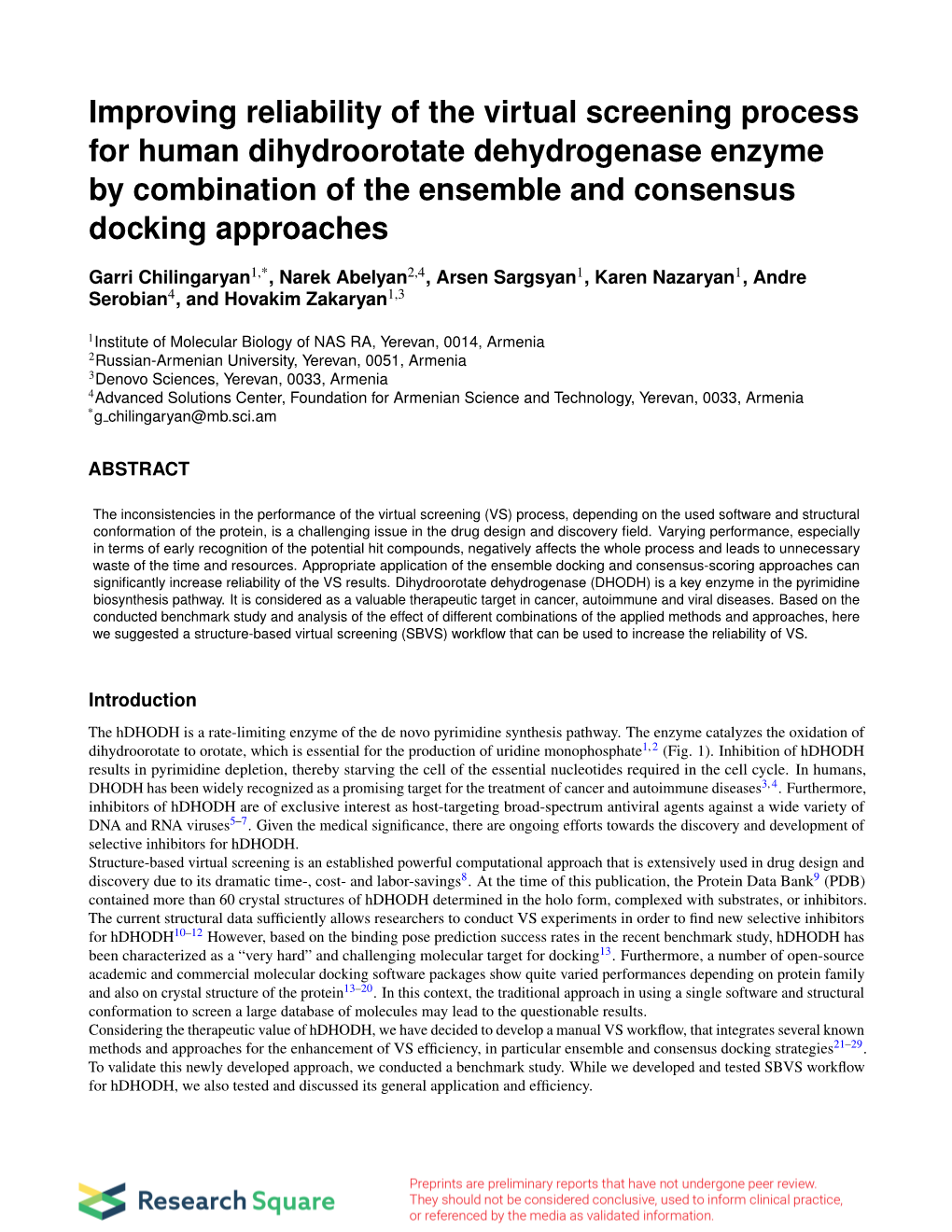 Improving Reliability of the Virtual Screening Process for Human Dihydroorotate Dehydrogenase Enzyme by Combination of the Ensemble and Consensus Docking Approaches