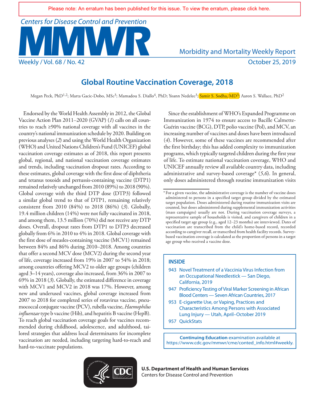 Morbidity and Mortality Weekly Report, Volume 68, Issue Number 42