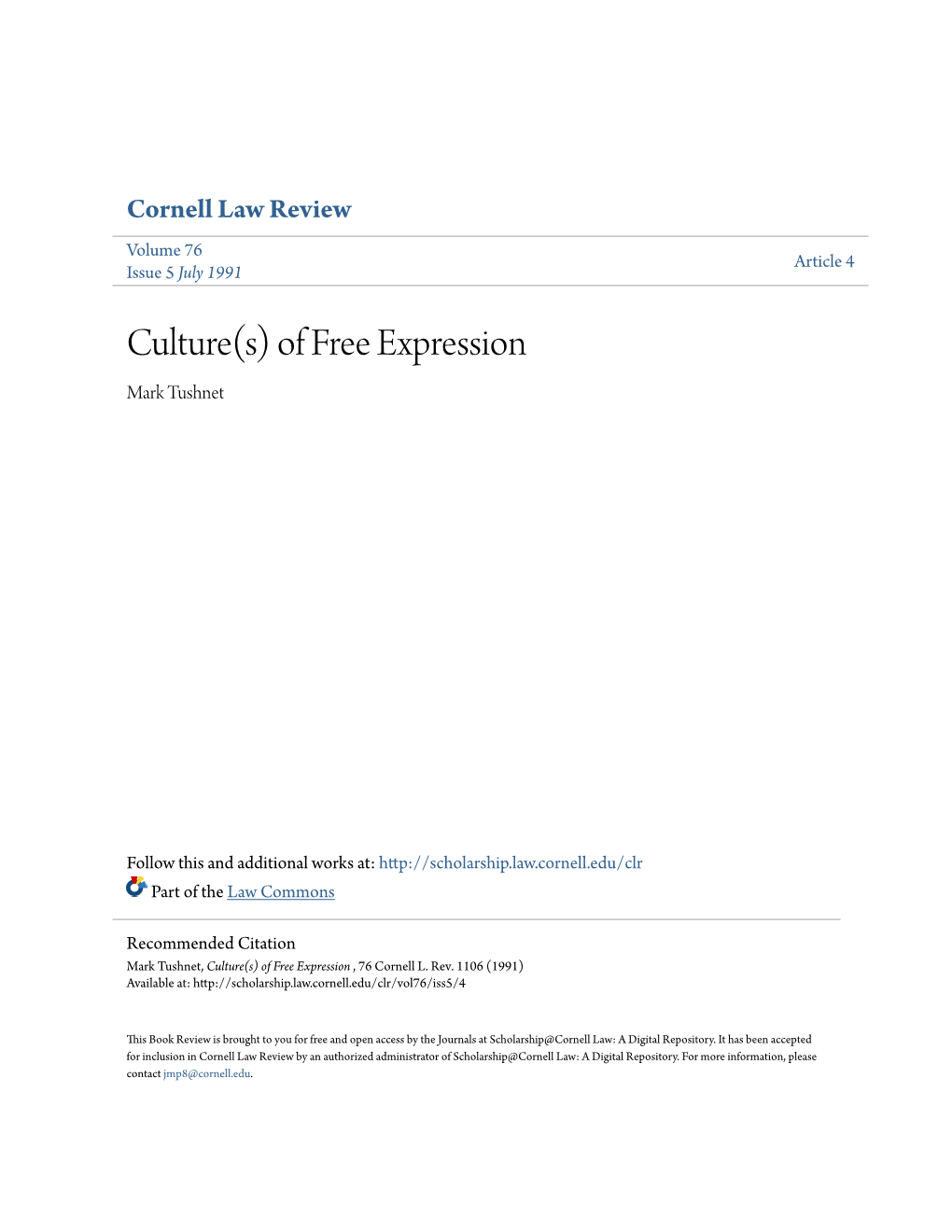 Culture(S) of Free Expression Mark Tushnet