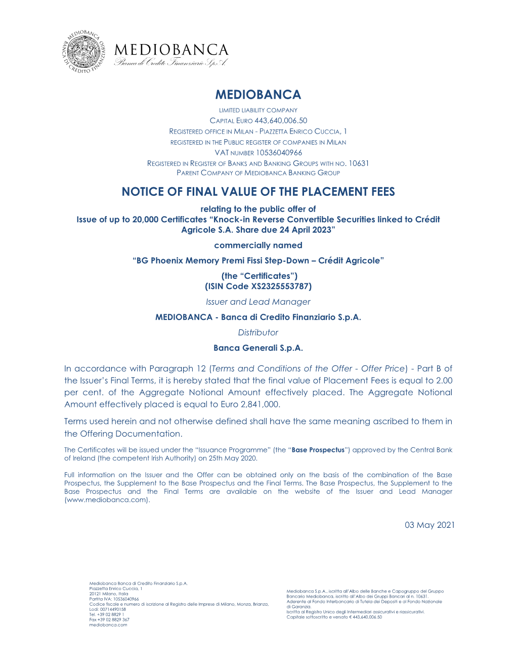 Notice of Final Value of the Placement Fees