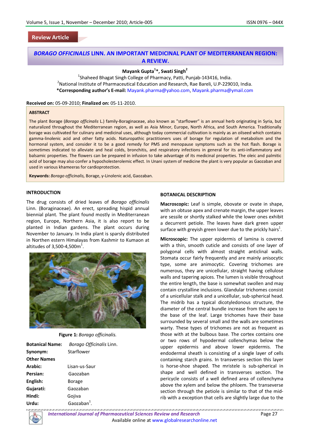 Borago Officinalis Linn. an Important Medicinal Plant of Mediterranean Region: a Review