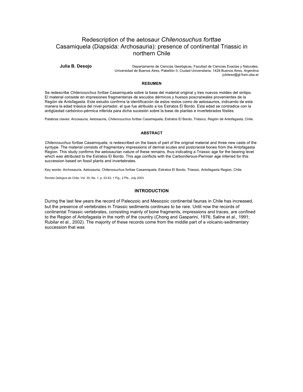 Redescription of the Aetosaur Chilenosuchus Forttae Casamiquela (Diapsida: Archosauria): Presence of Continental Triassic in Northern Chile