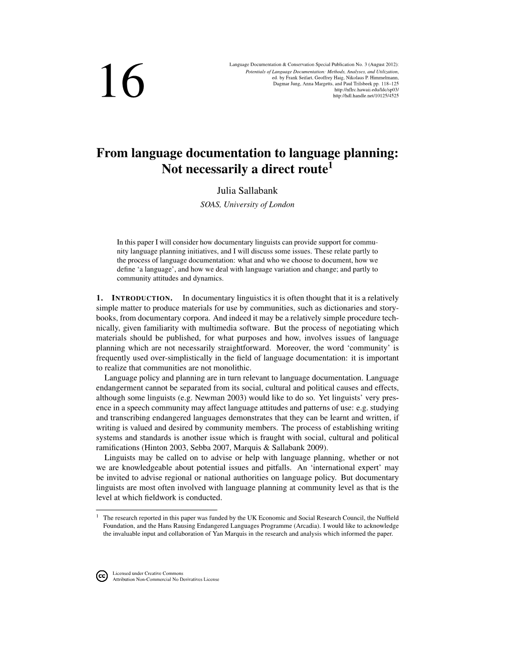 From Language Documentation to Language Planning: Not Necessarily a Direct Route1 Julia Sallabank SOAS, University of London