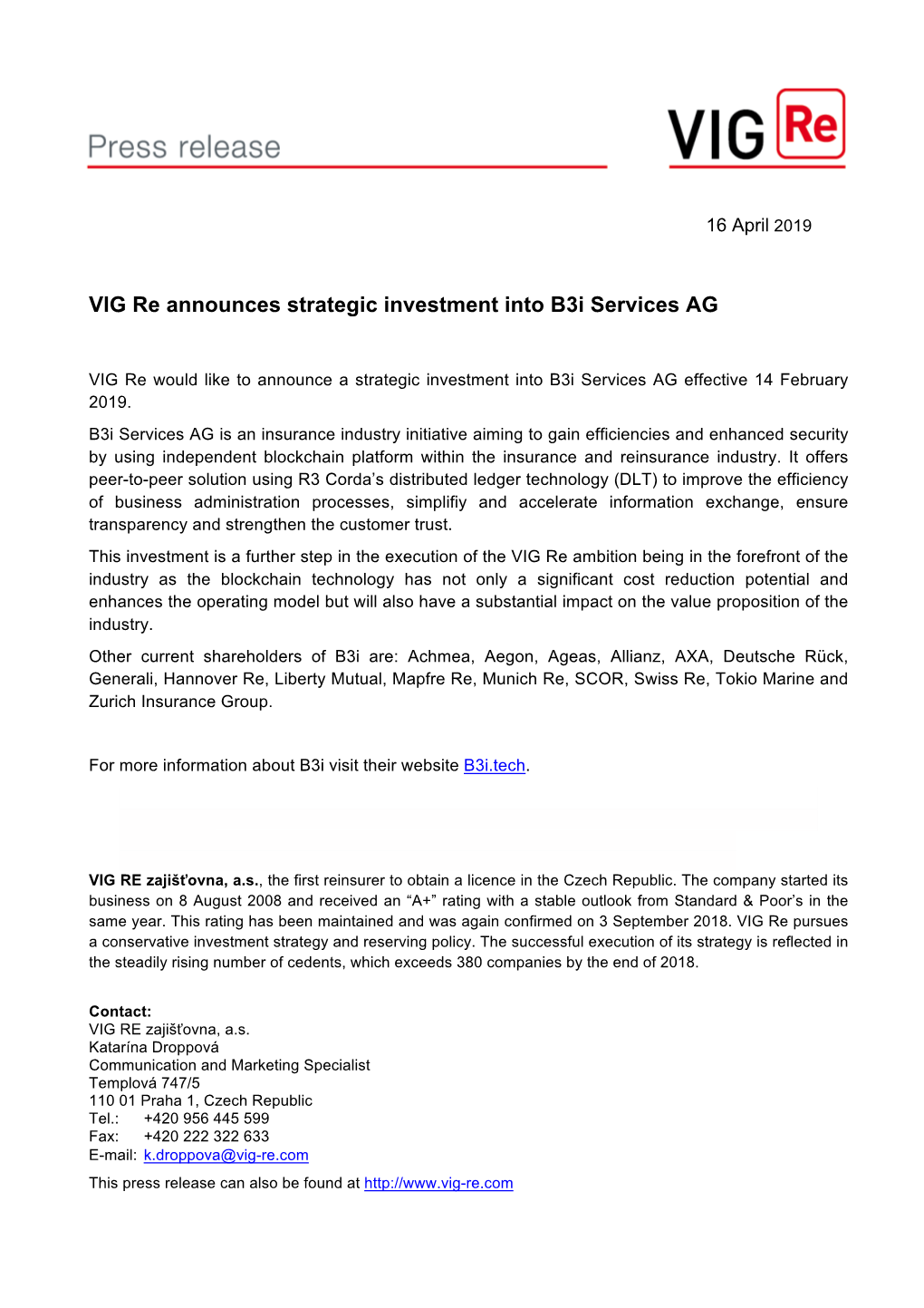 VIG Re Announces Strategic Investment Into B3i Services AG