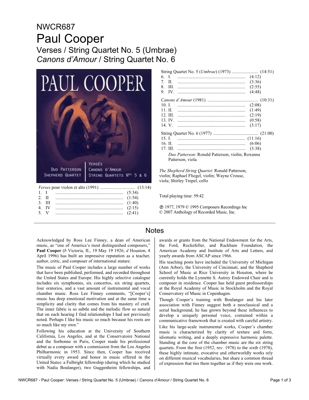 Paul Cooper Verses / String Quartet No