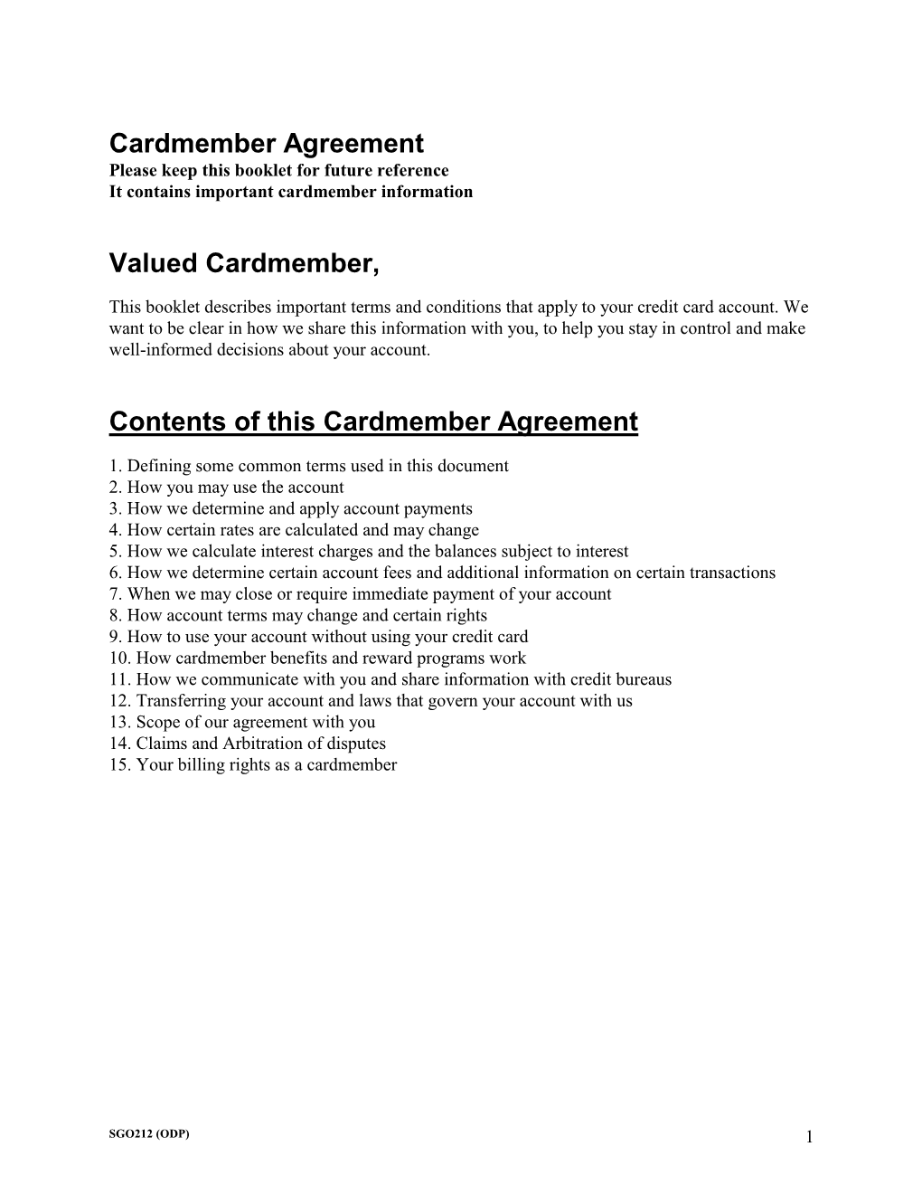 Cardmember Agreement Valued Cardmember