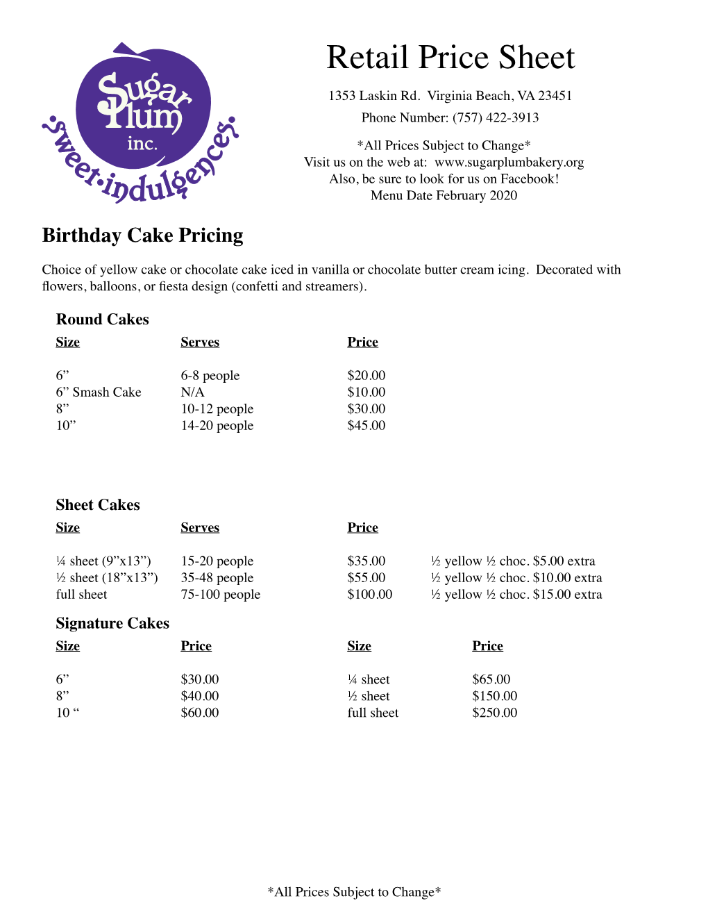 Retail Price Sheet 1353 Laskin Rd