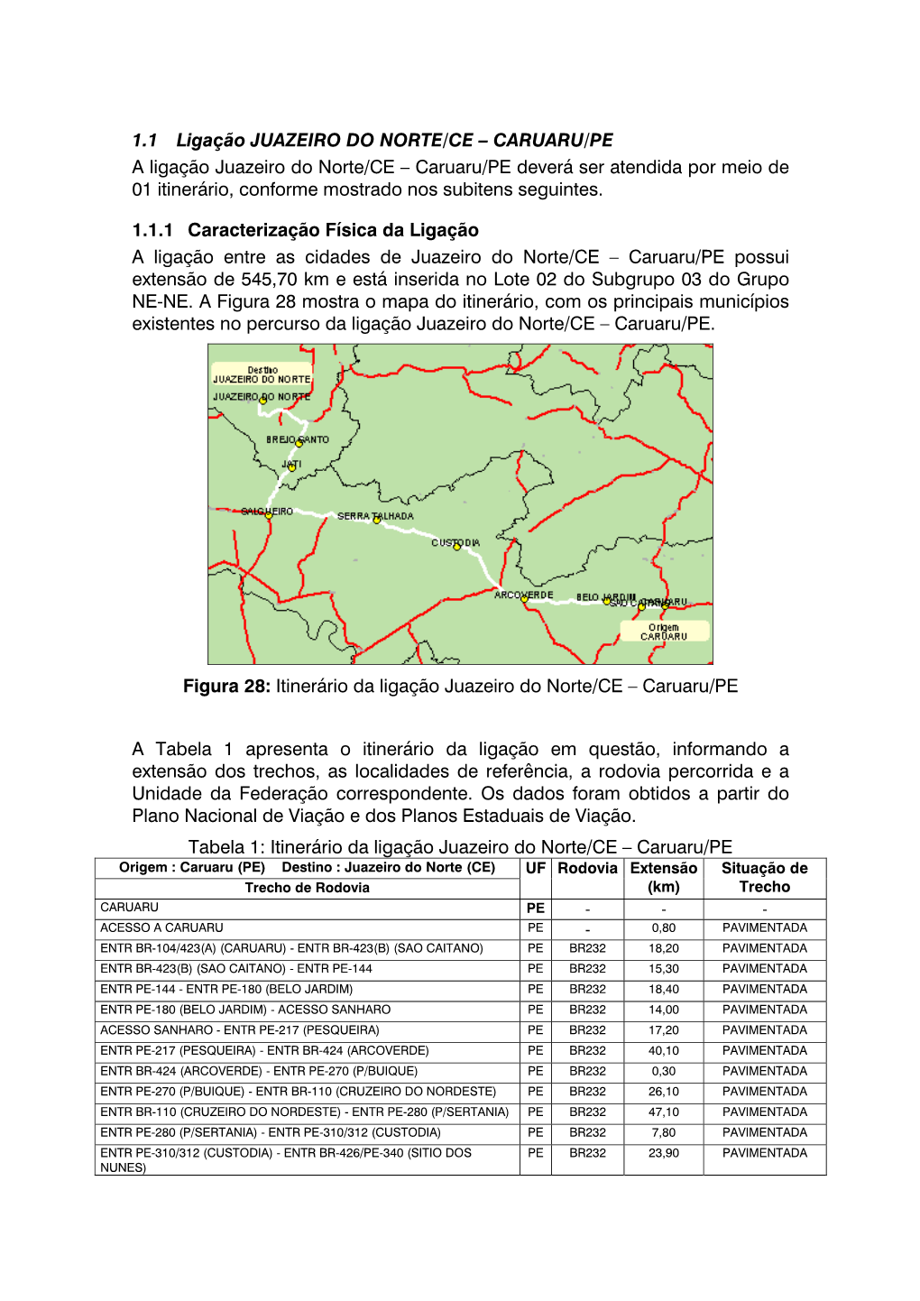 CARUARU/PE a Ligação Juazeiro Do Norte/CE – Caruaru/PE Deverá Ser Atendida Por Meio De 01 Itinerário, Conforme Mostrado Nos Subitens Seguintes