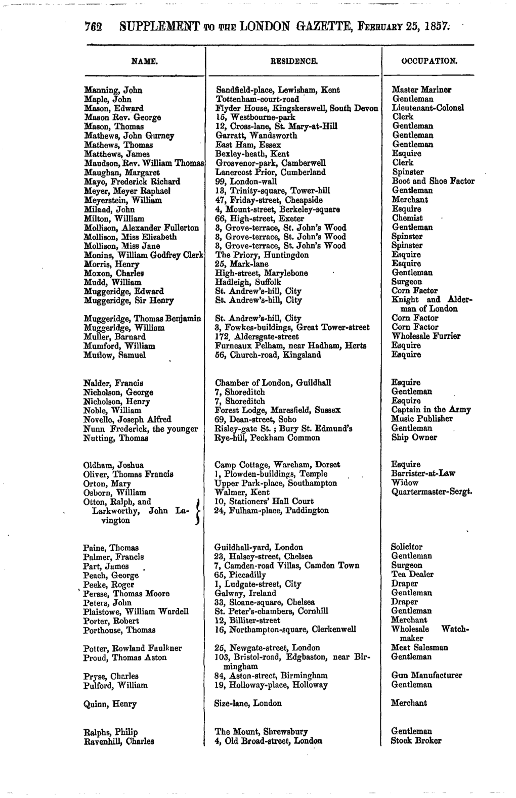 762 Supplement to the London Gazette, February 25, 1857