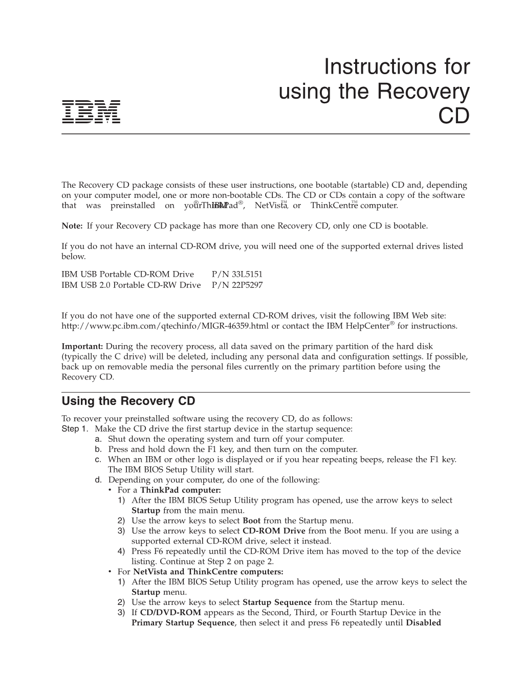 Instructions for Using the Recovery CD