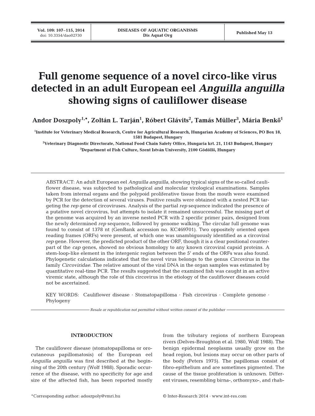 Disease of Aquatic Organisms 109:107