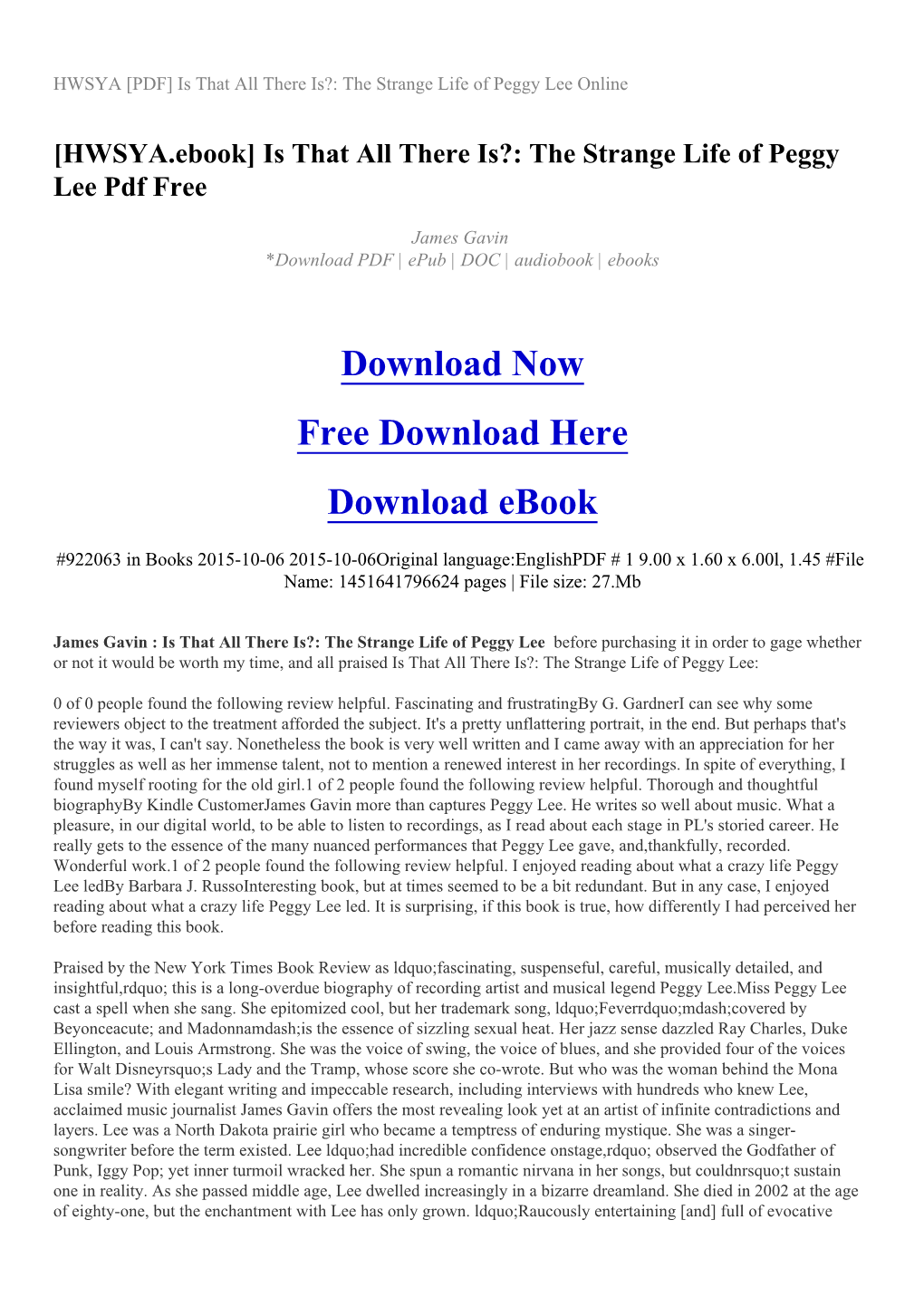 HWSYA [PDF] Is That All There Is?: the Strange Life of Peggy Lee Online