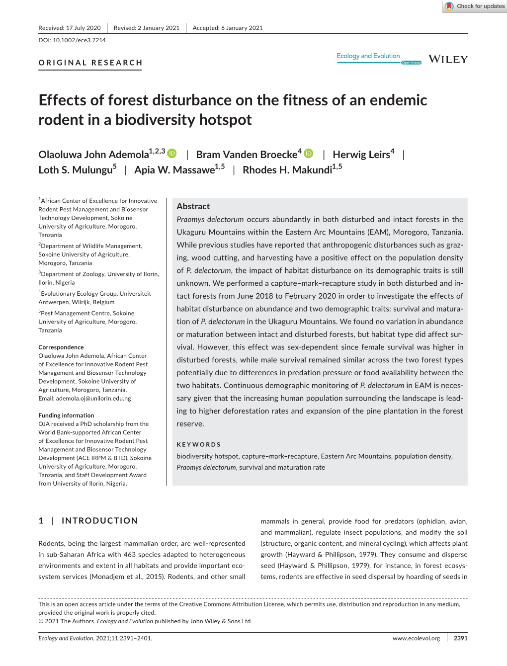 Effects of Forest Disturbance on the Fitness of an Endemic Rodent in a Biodiversity Hotspot