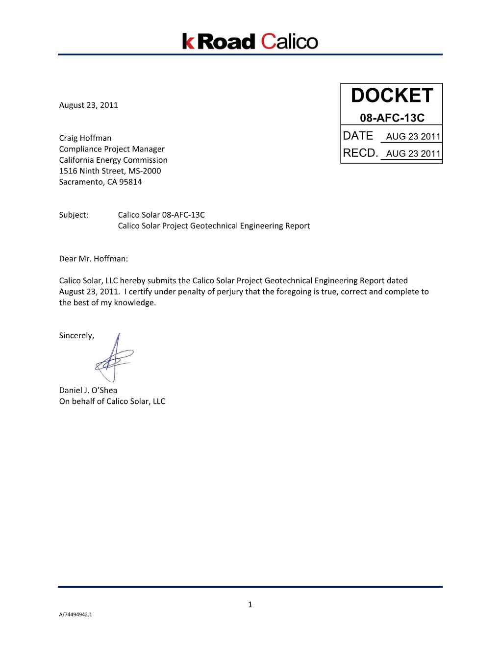 DOCKET � 08-AFC-13C � Craig�Hoffman� DATE AUG 23 2011 Compliance�Project�Manager� RECD
