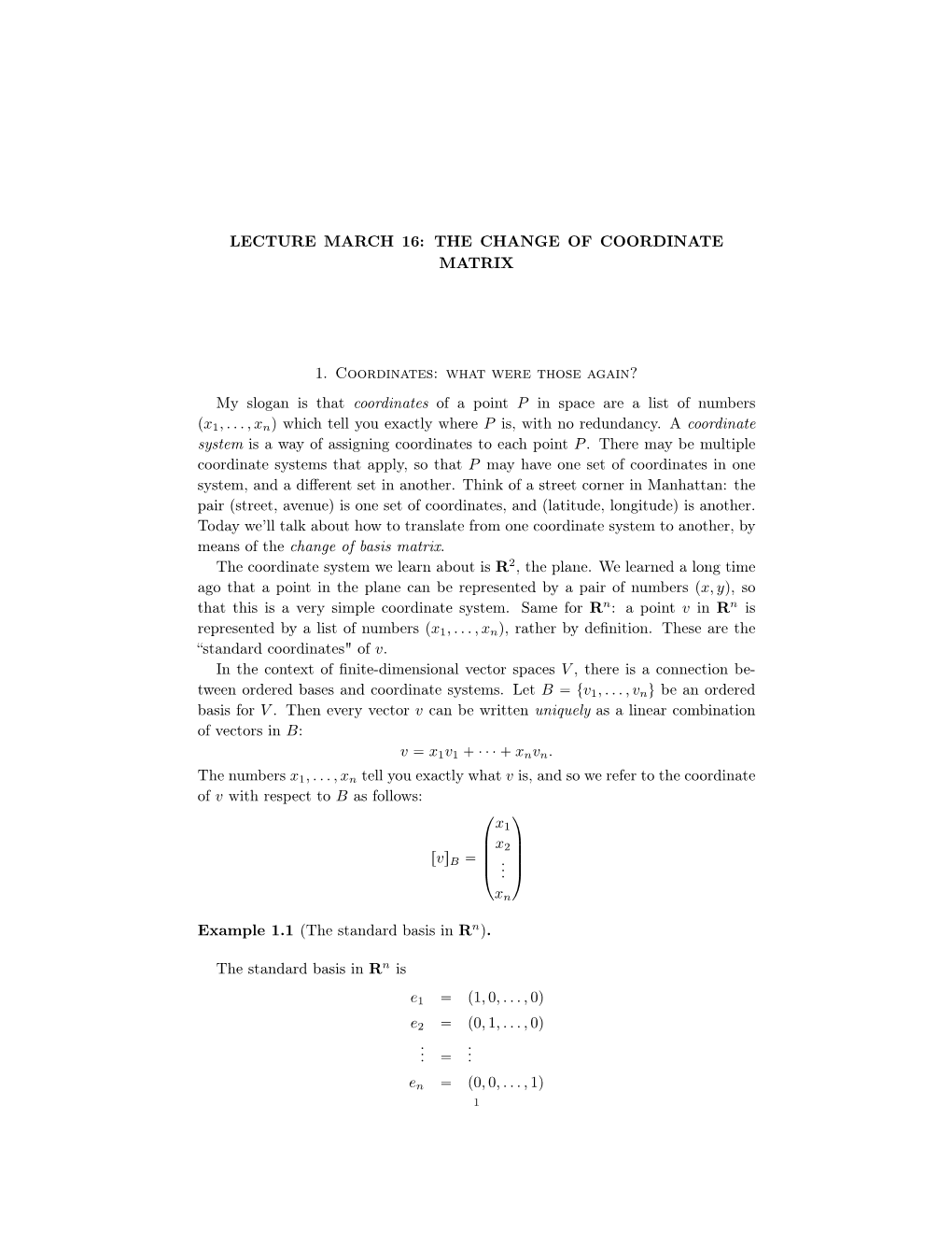 Lecture March 16: the Change of Coordinate Matrix 1