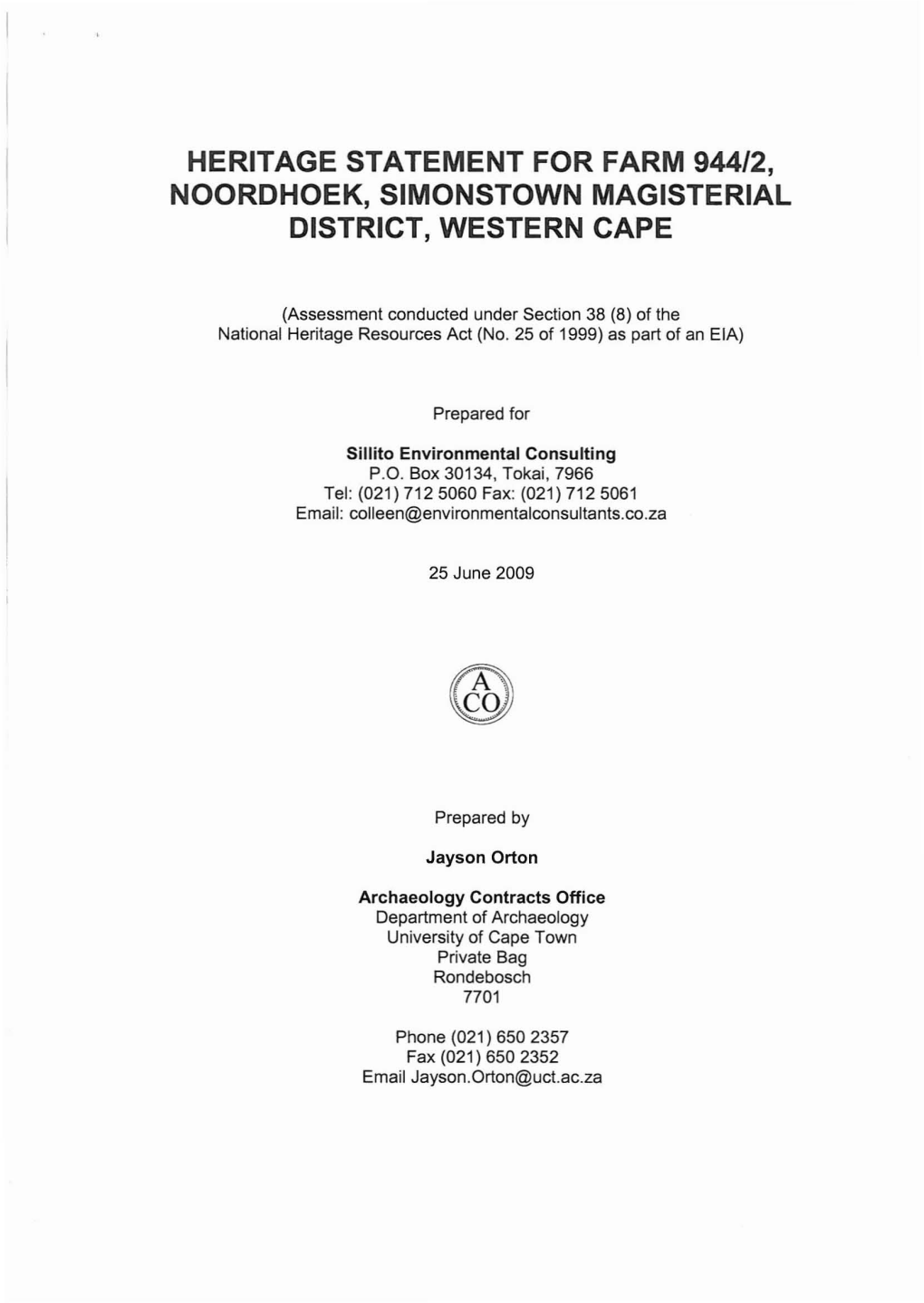Heritage Statement for Farm 944/2, Noordhoek, Simonstown Magisterial District, Western Cape