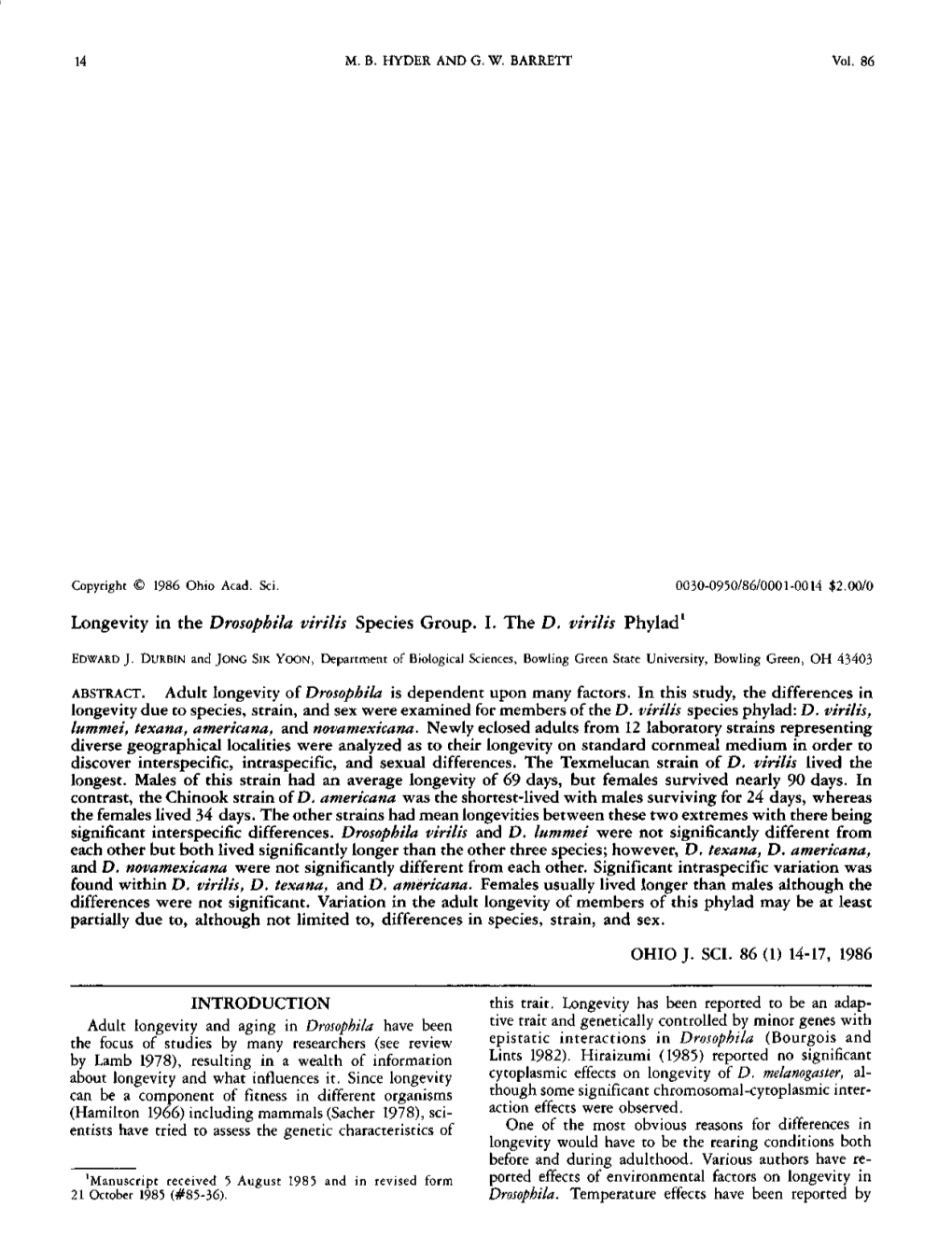 Longevity in the Drosophila Virilis Species Group. I. the D. Virilis Phylad1