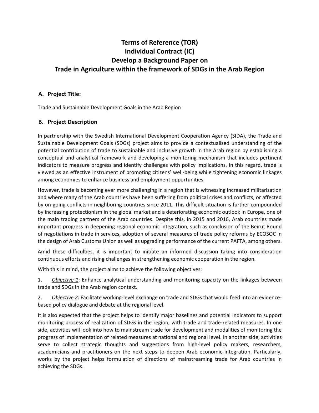 Individual Contract (IC) Develop a Background Paper on Trade in Agriculture Within the Framework of Sdgs in the Arab Region