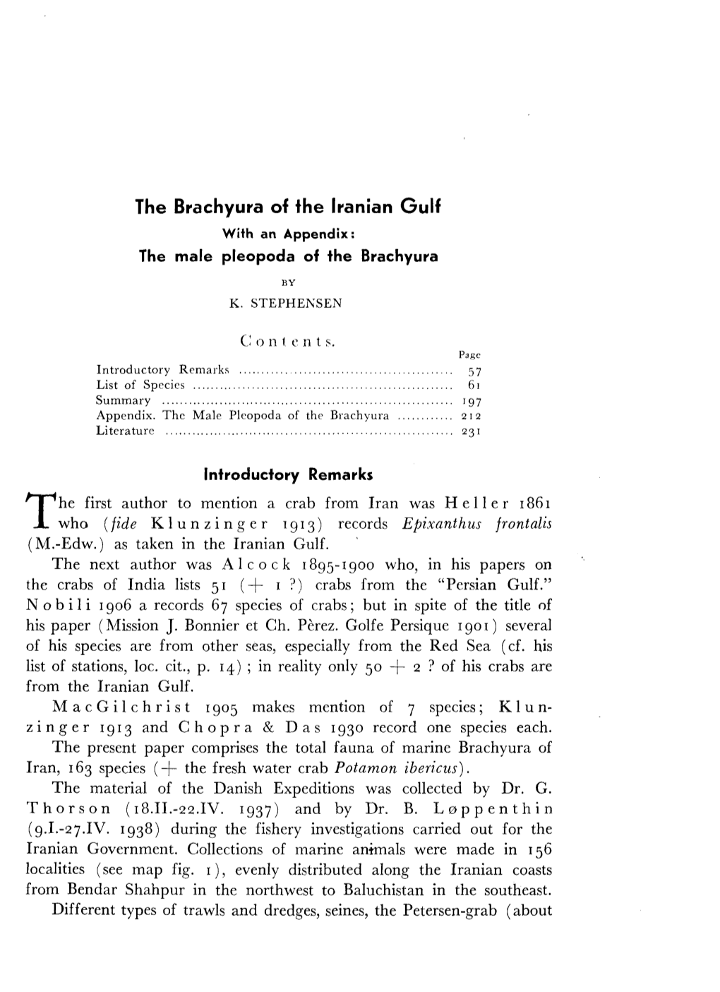 The Brachyura of the Iranian Gulf with an Appendix: the Male Pleopoda of the Brachyura