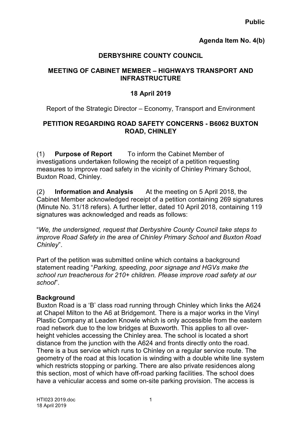 2019-04-18 Petition Regarding Road Safety Concerns B6062 Buxton