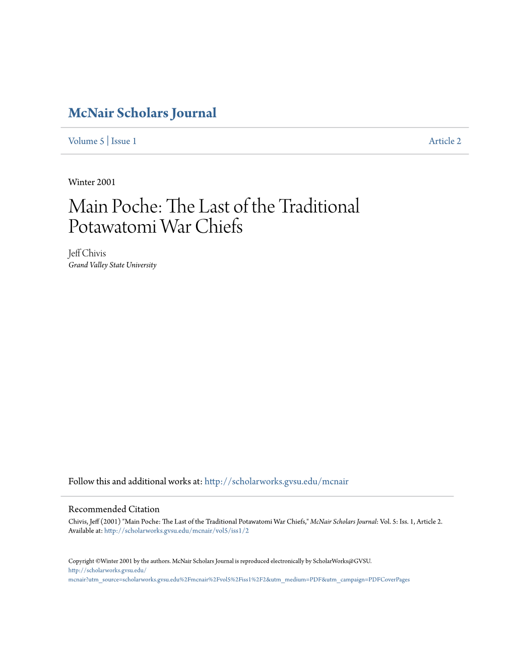 Poche: the Last of the Traditional Potawatomi War Chiefs Jeff Hic Vis Grand Valley State University