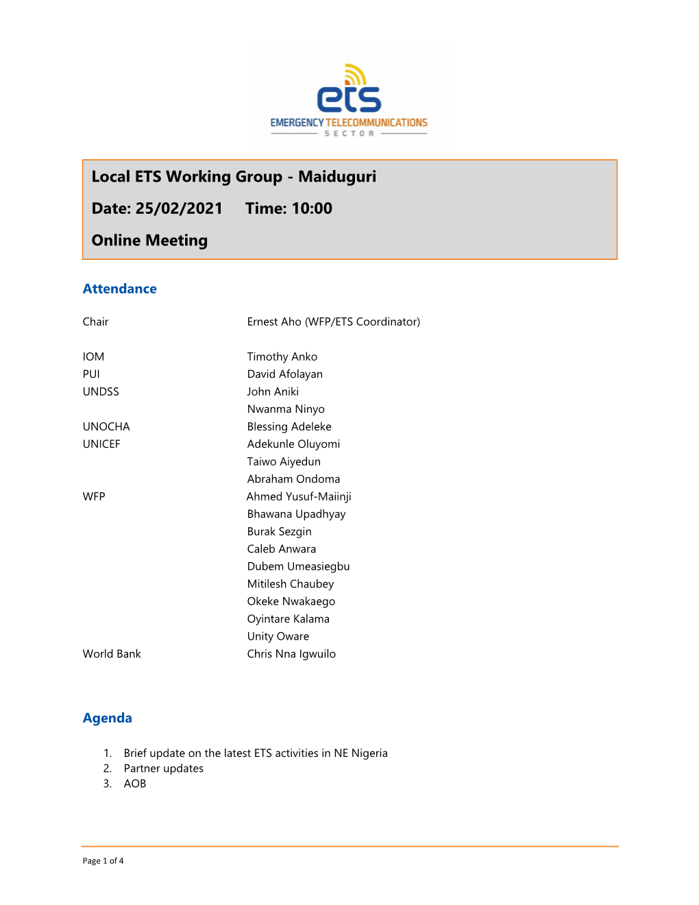 Local ETS Working Group - Maiduguri Date: 25/02/2021 Time: 10:00 Online Meeting