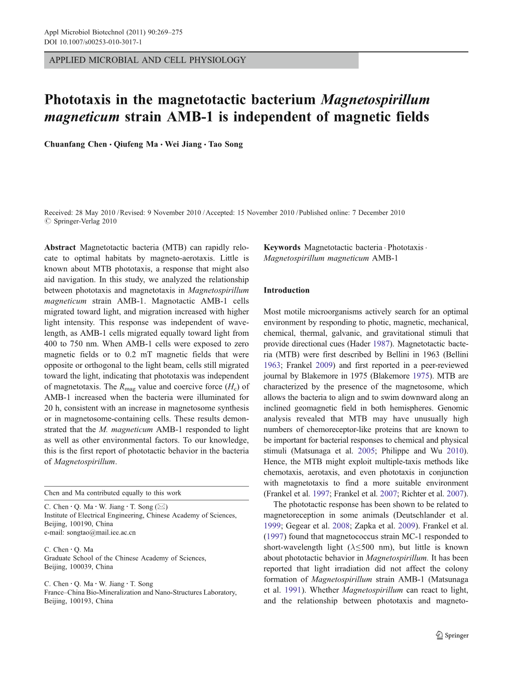 Phototaxis in the Magnetotactic Bacterium Magnetospirillum Magneticum Strain AMB-1 Is Independent of Magnetic Fields