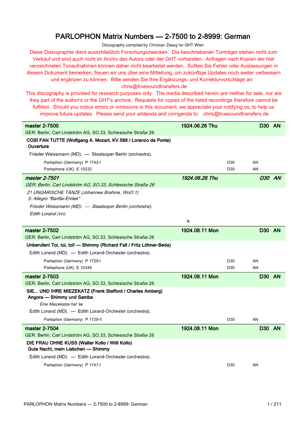 PARLOPHON Matrix Numbers — 2-7500 to 2-8999: German Discography Compiled by Christian Zwarg for GHT Wien Diese Diskographie Dient Ausschließlich Forschungszwecken