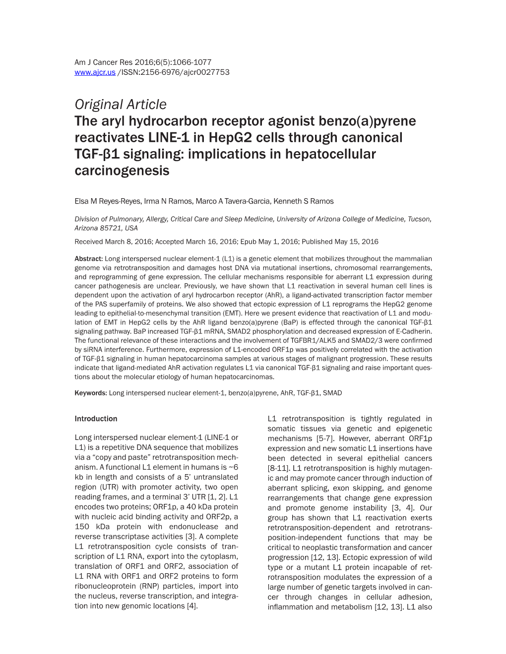 Original Article the Aryl Hydrocarbon Receptor Agonist Benzo(A)Pyrene