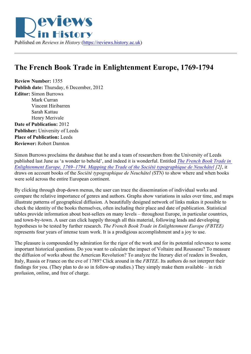 The French Book Trade in Enlightenment Europe, 1769-1794