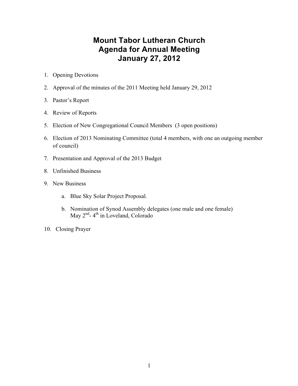 Mount Tabor Lutheran Church Agenda for Annual Meeting January 27, 2012