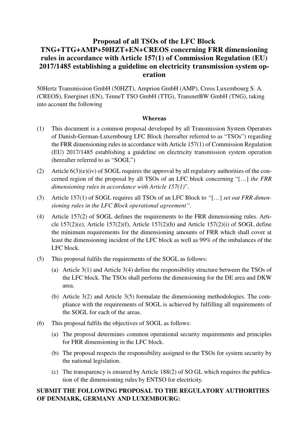 Proposal of All Tsos of the LFC Block TNG+TTG+AMP