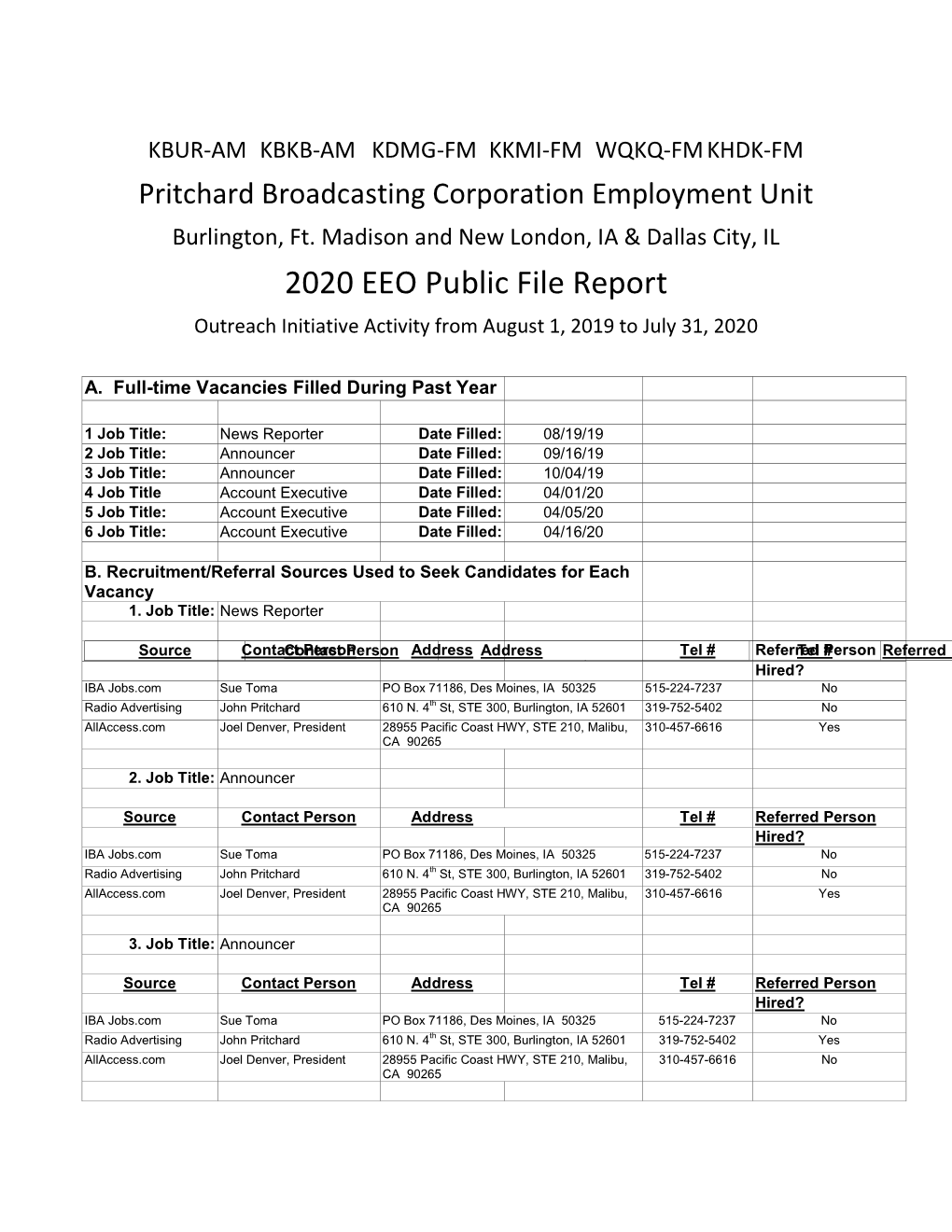2020 EEO Public File Report Outreach Initiative Activity from August 1, 2019 to July 31, 2020