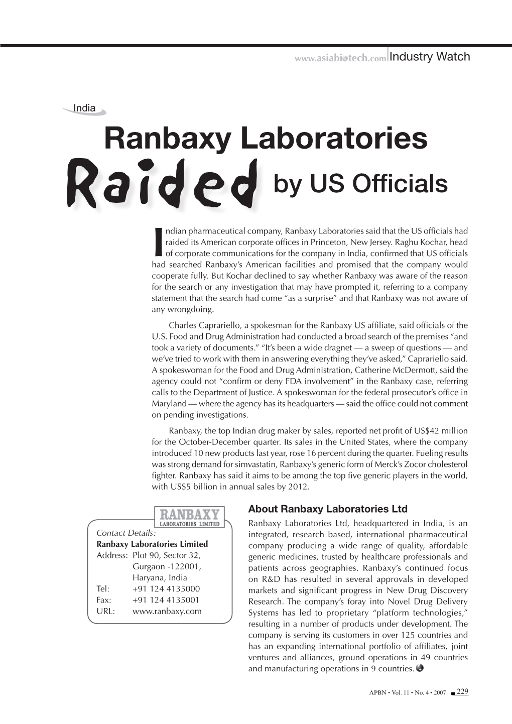 Ranbaxy Laboratories Raided by US Officials