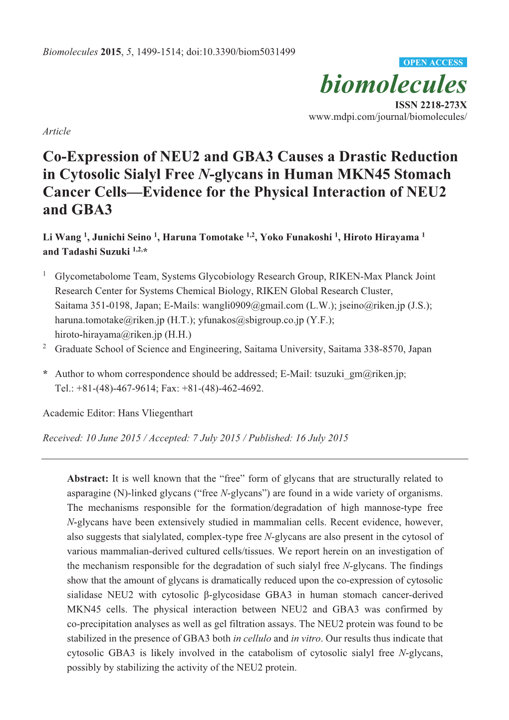 Co-Expression of NEU2 and GBA3 Causes a Drastic Reduction In