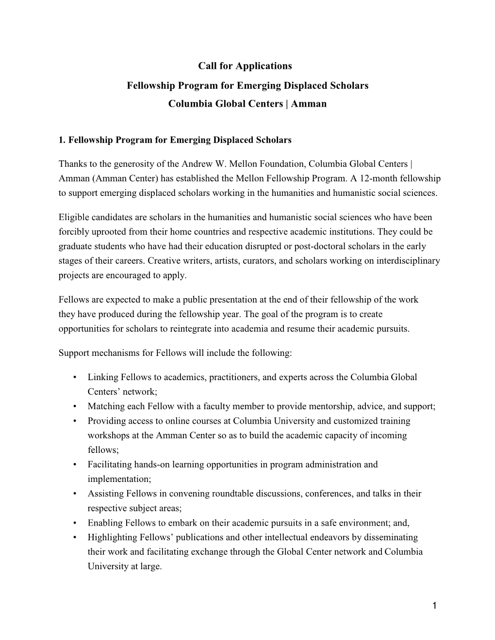 Call for Applications Fellowship Program for Emerging Displaced Scholars Columbia Global Centers | Amman