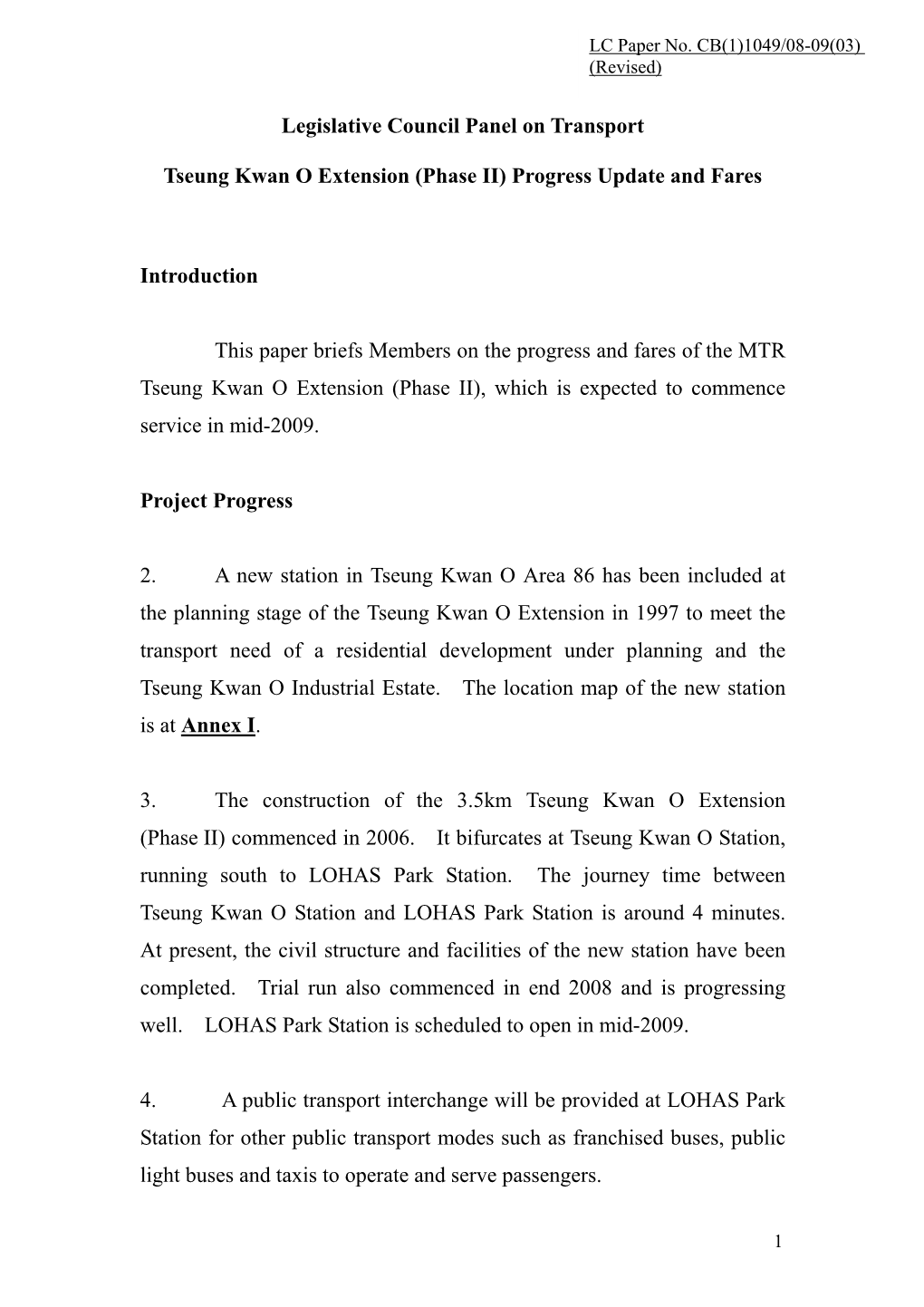 Paper on Tseung Kwan O Extension (Phase