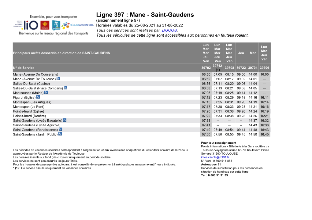 Ligne 397 : Mane - Saint-Gaudens (Anciennement Ligne 97) Horaires Valables Du 25-08-2021 Au 31-08-2022 Tous Ces Services Sont Réalisés Par DUCOS