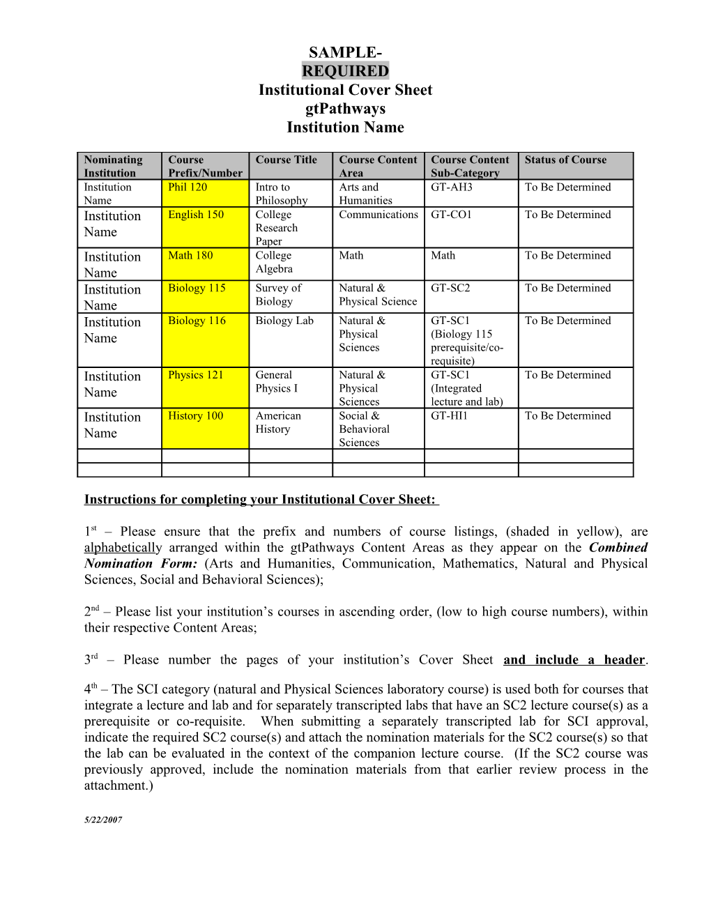 Instructions for Completing Your Institutional Cover Sheet