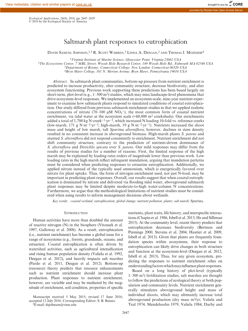 Saltmarsh Plant Responses to Eutrophication