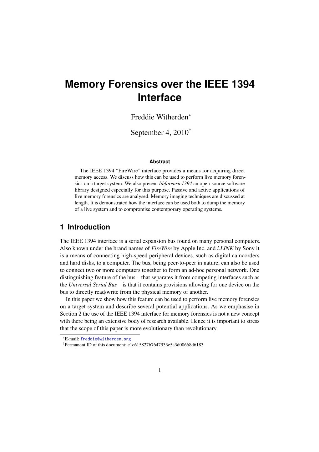 Memory Forensics Over the IEEE 1394 Interface